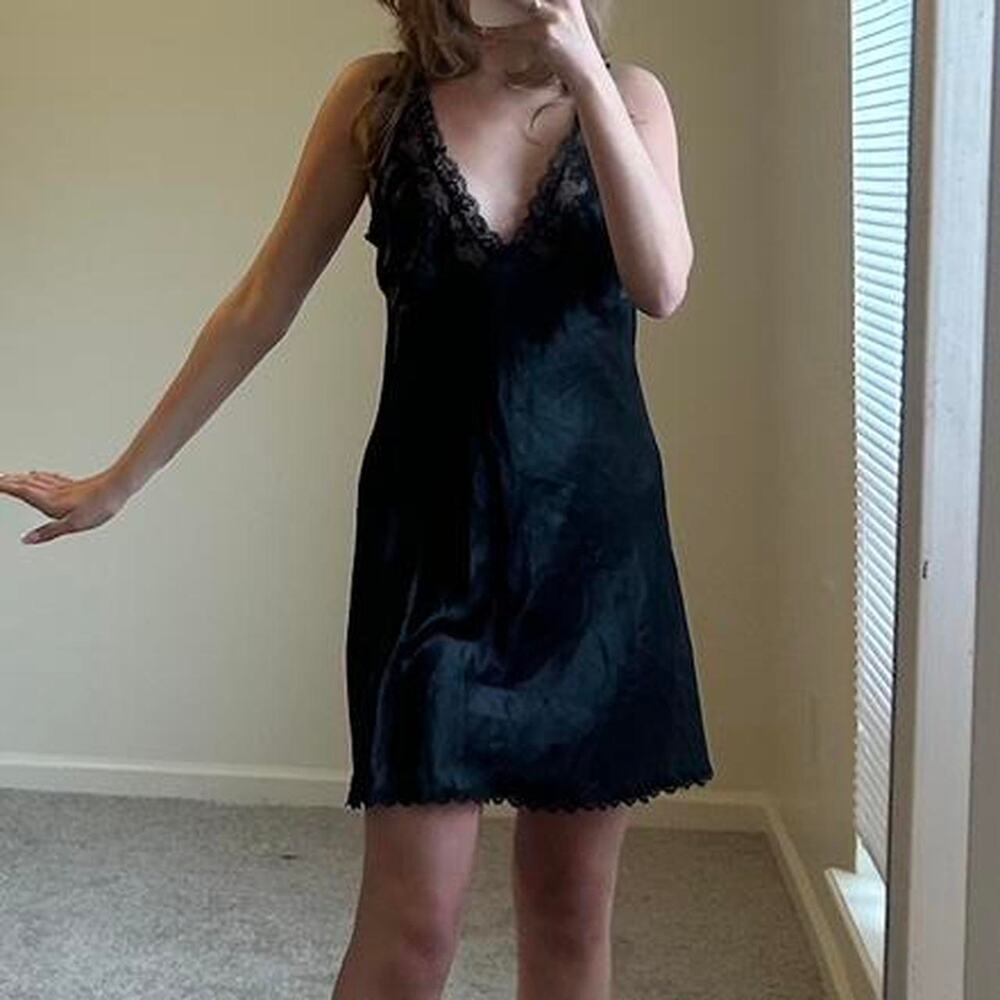 vintage black mini slip dress with lace trim detailing